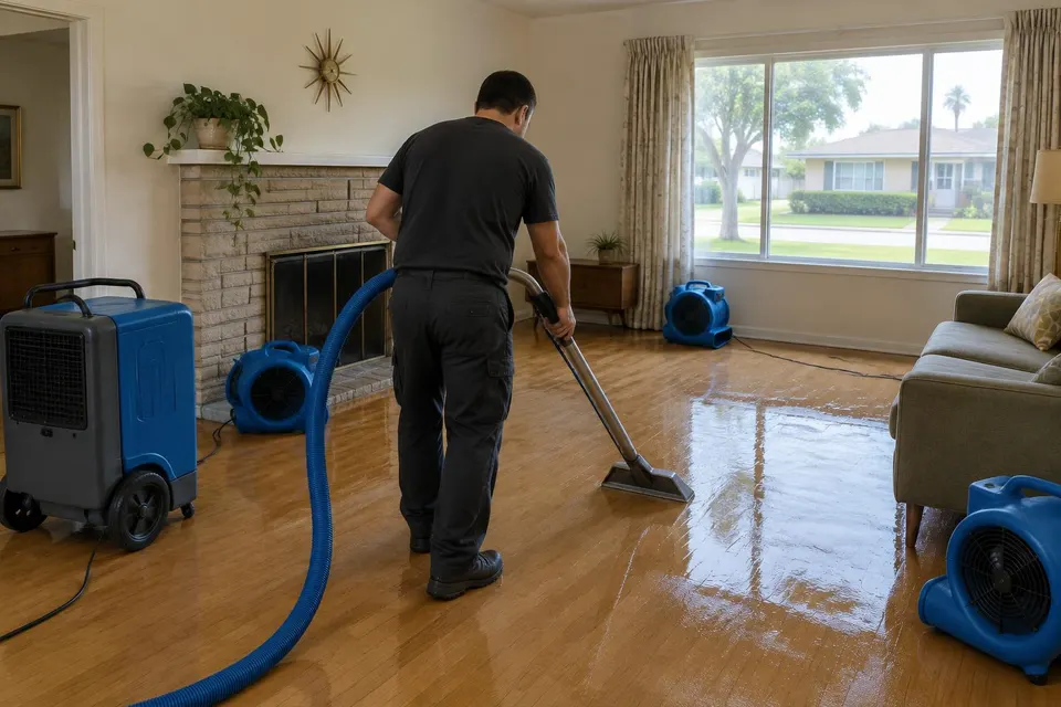 Generated illustration of a technician in dark work clothes using an extraction wand on a wet wood floor, with air movers and a dehumidifier
